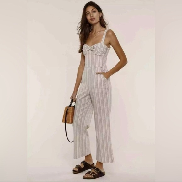 NWT HEARTLOOM LINEN Blend Sweetheart Sleeveless Jumpsuit Striped Tan White LARGE